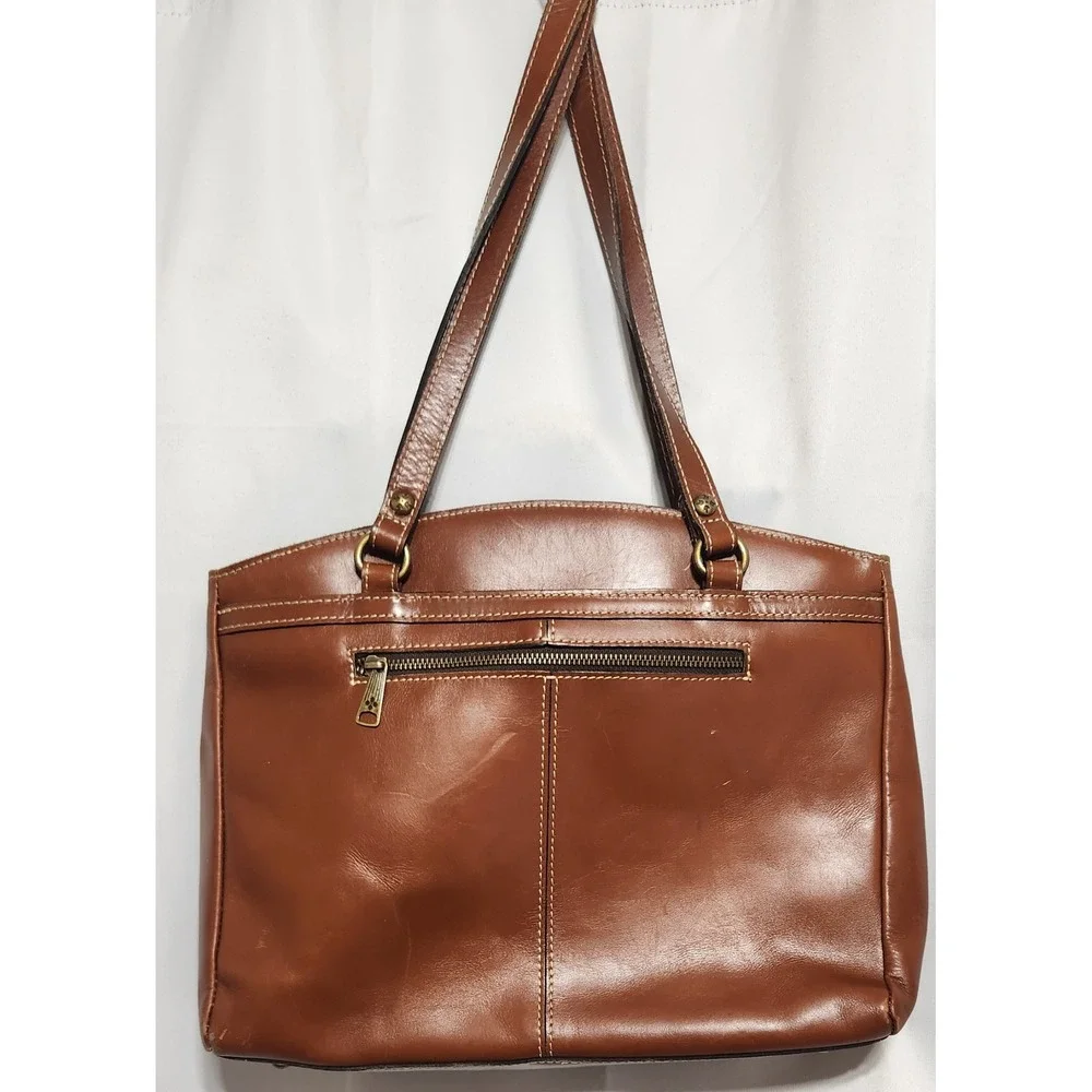 Patricia Nash Poppy Cognac Brown Leather Shoulder Bag Tote Contrast Stitching